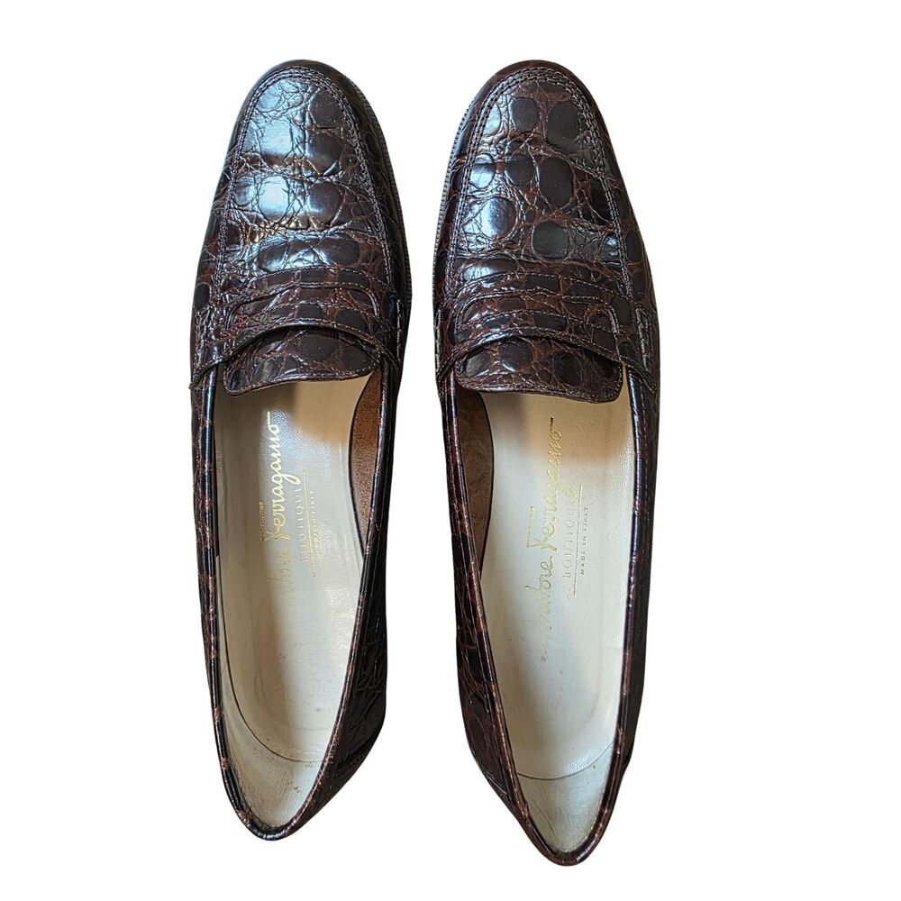 Salvatore Ferragamo Brown Croc-Embossed Leather Penny Loafers